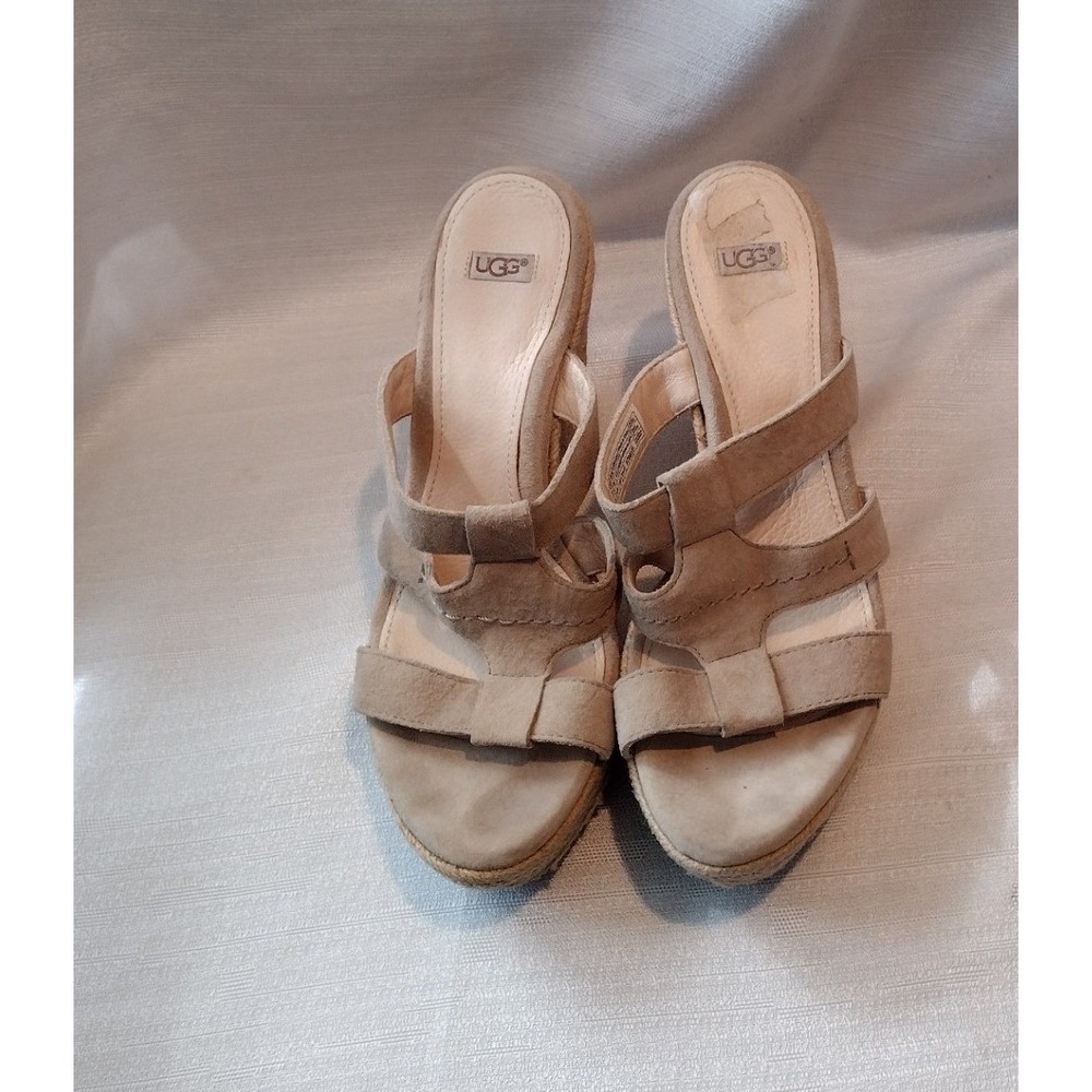 UGG Womens Espadrille Wedge Sandals Size 8 Beige Suede Leather Platform Shoes